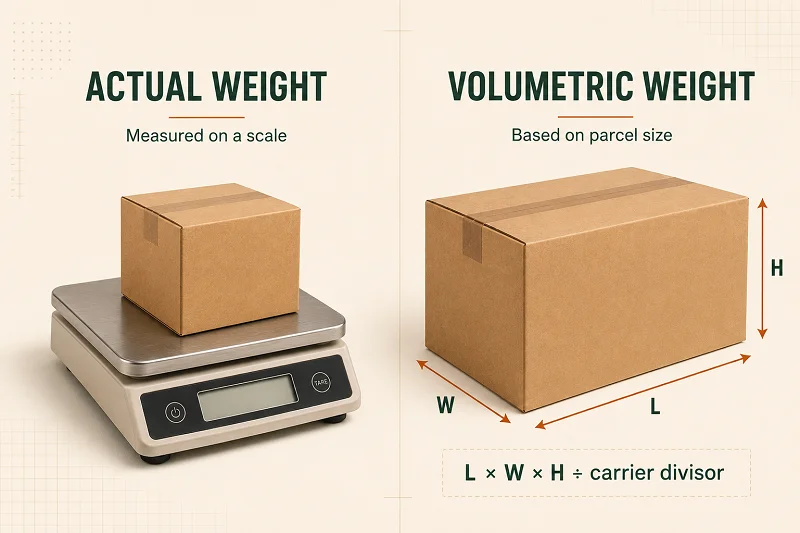 Comparison of actual and volumetric weight for a shipping box