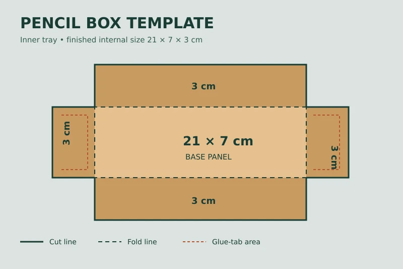 Cardboard pencil box template with cutting and folding measurements