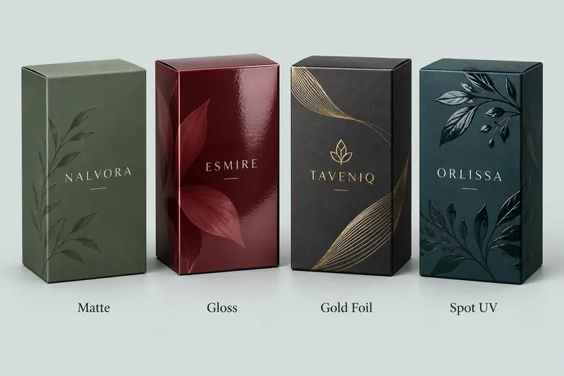 Custom packaging with matte, gloss, foil, and spot UV finishes
