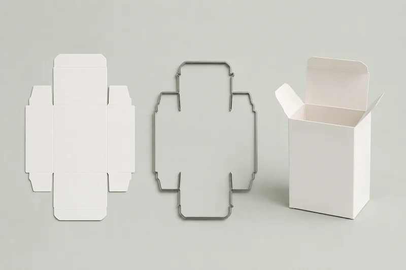 White box dieline cutting die and partly assembled packaging box