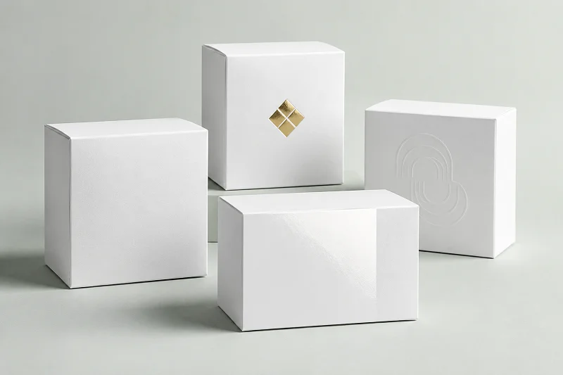 Custom white boxes with matte gloss foil and embossed finishes