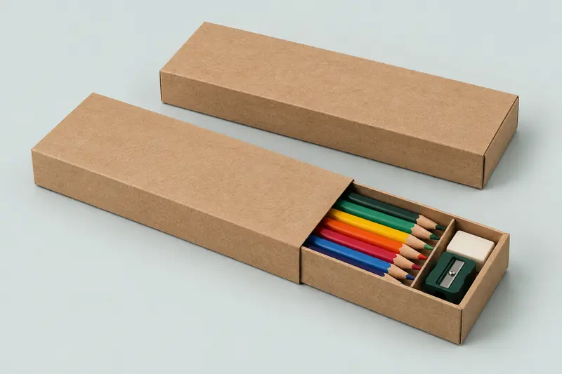 Finished cardboard pencil box with an open sliding tray and coloured pencils