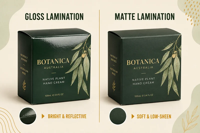 Gloss lamination and matte lamination compared on printed packaging boxes