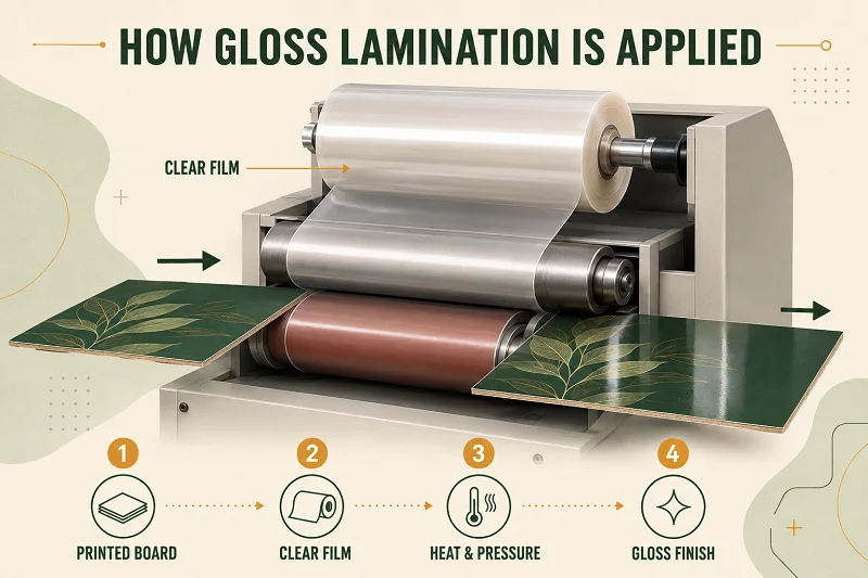 Gloss lamination process applying clear film to printed packaging board