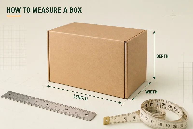 Cardboard box showing length width and depth measurements