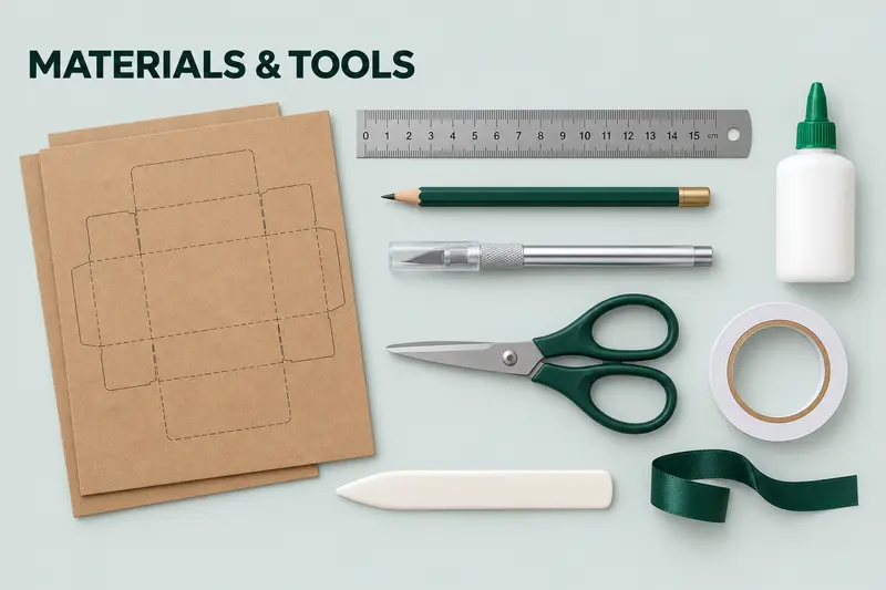 Materials and tools needed to make a pencil box with cardboard