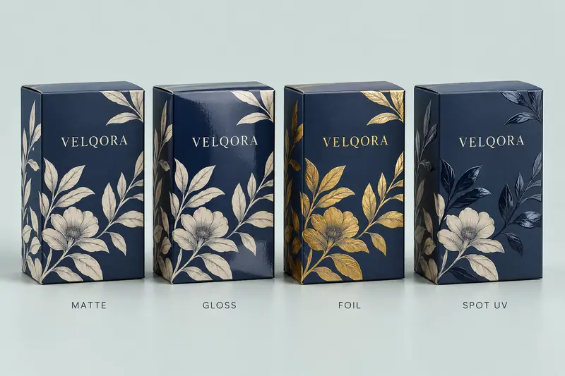 Matte gloss foil and Spot UV packaging finishes compared