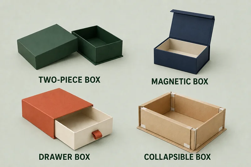 Popular rigid box styles including two-piece magnetic drawer and collapsible boxes