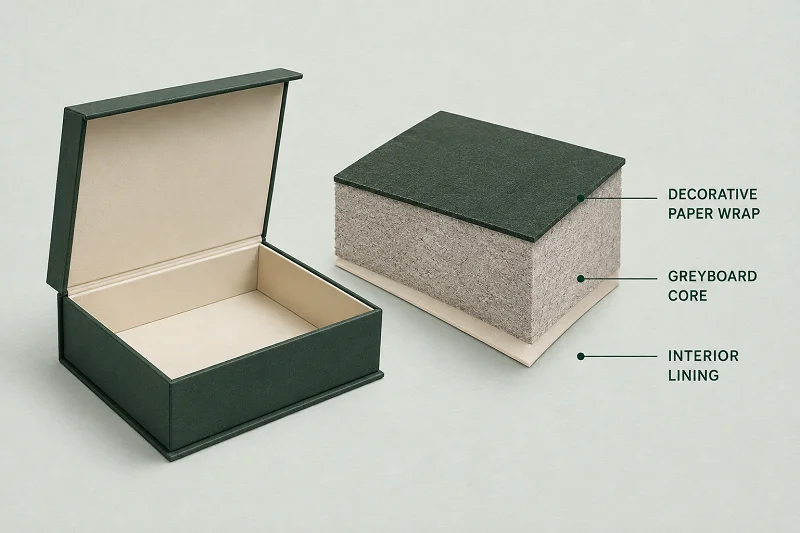 Rigid box material layers including paper wrap greyboard core and interior lining