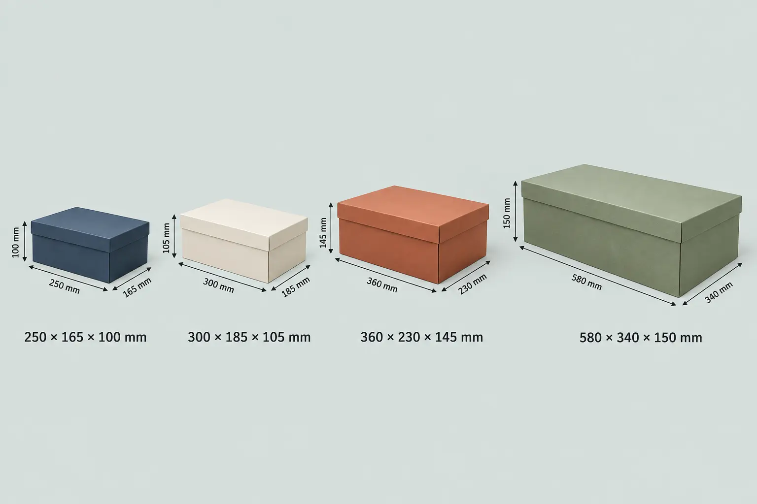Shoe box dimensions in millimetres for different footwear