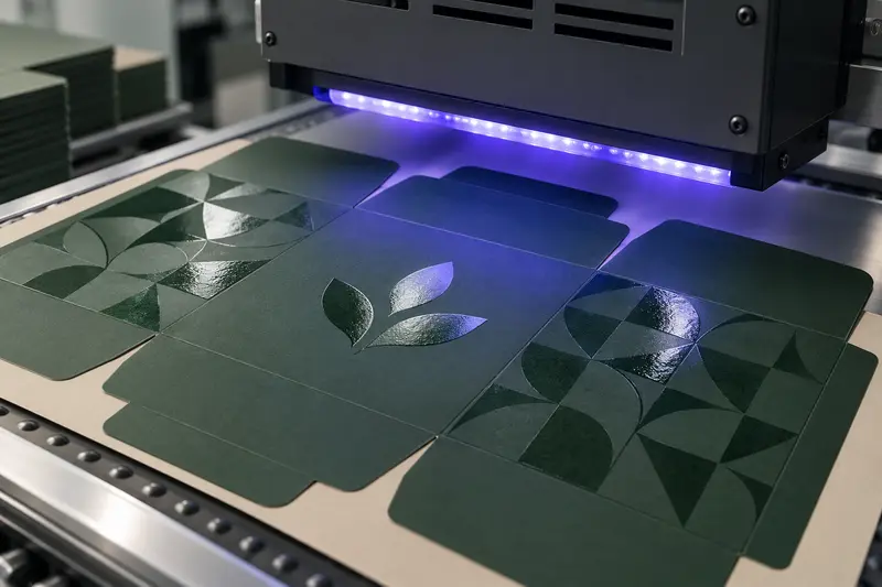 Spot UV coating being cured with UV light on printed packaging